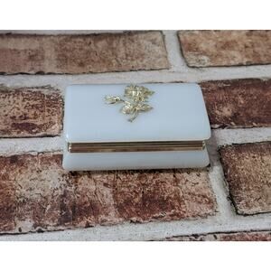 VTG Vanity Trinket / Jewelry Box White Plastic Hinged Gilded Gold Tone Rose